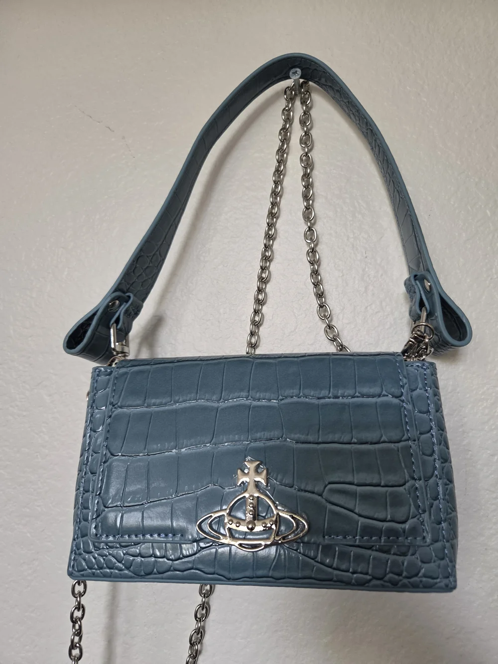 Vivienne Westwood Blue Croc-Embossed Chain Crossbody Bag